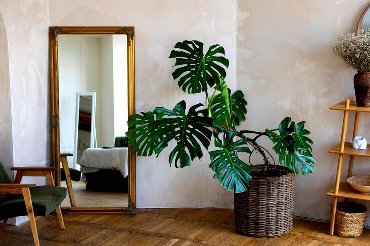 Déco de chambre avec plante mostera et étagère en bois