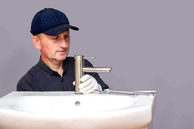 Plombier fixe un robinet d'un lavabo