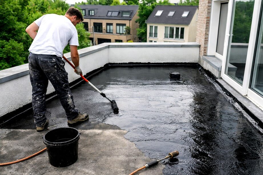 Travailleur appliquant une membrane étanchéifiante