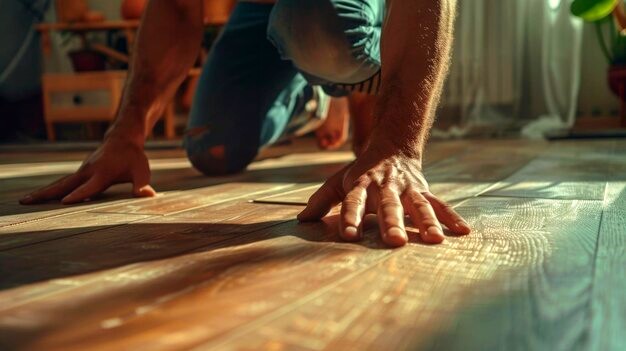 Personne au sol qui pose un parquet en bois