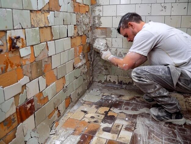 Homme-appose-du-mortier-mur-carreaux-endommage-dans-salle-bain-normal
