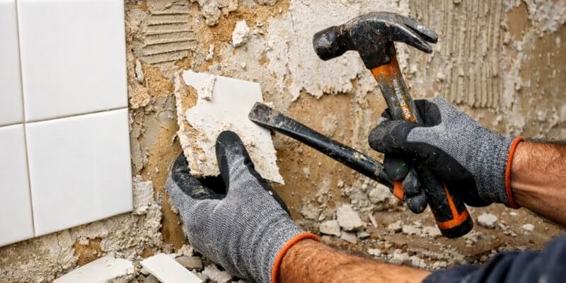 Travailleur enlève de la faience sur du placo