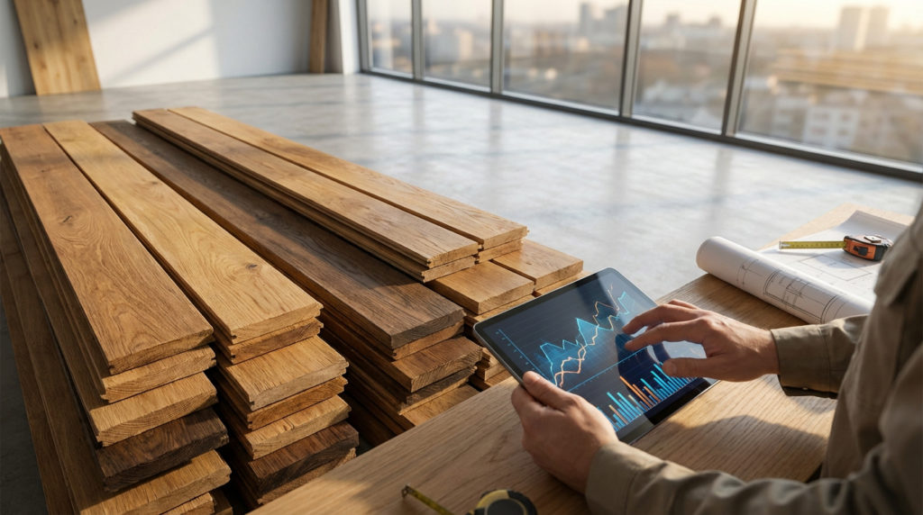 Personne analysant des graphiques sur tablette, près de piles de planches de bois clair sur un chantier. Un plan d'architecte et un mètre sont visibles.