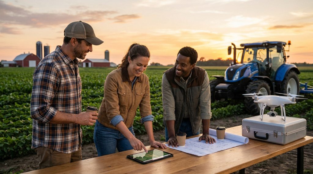Trois agriculteurs souriants analysent des données sur tablette et plans, avec drone et tracteur dans un champ au coucher du soleil.