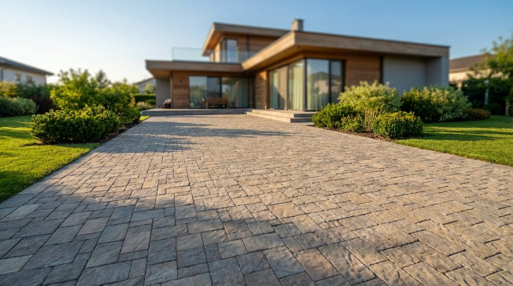 Longue allée pavée en dalles claires menant à une maison moderne aux façades en bois, entourée de pelouse et arbustes.