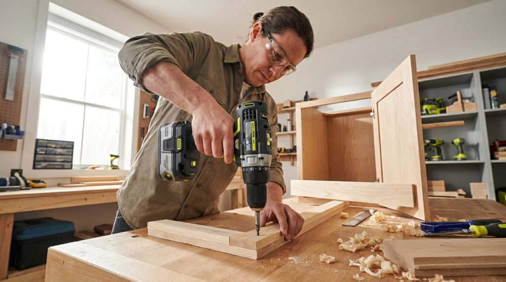 Une personne portant des lunettes de sécurité utilise une perceuse-visseuse Ryobi pour assembler des pièces de bois dans un atelier de menuiserie.