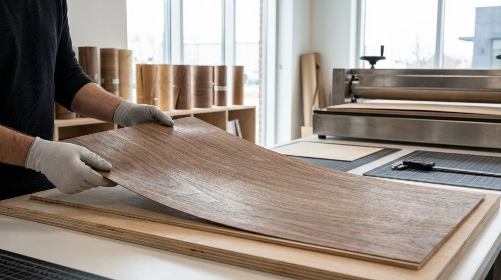 Mains gantées manipulant une feuille de placage bois foncé sur une planche, avec des rouleaux de placage en arrière-plan.