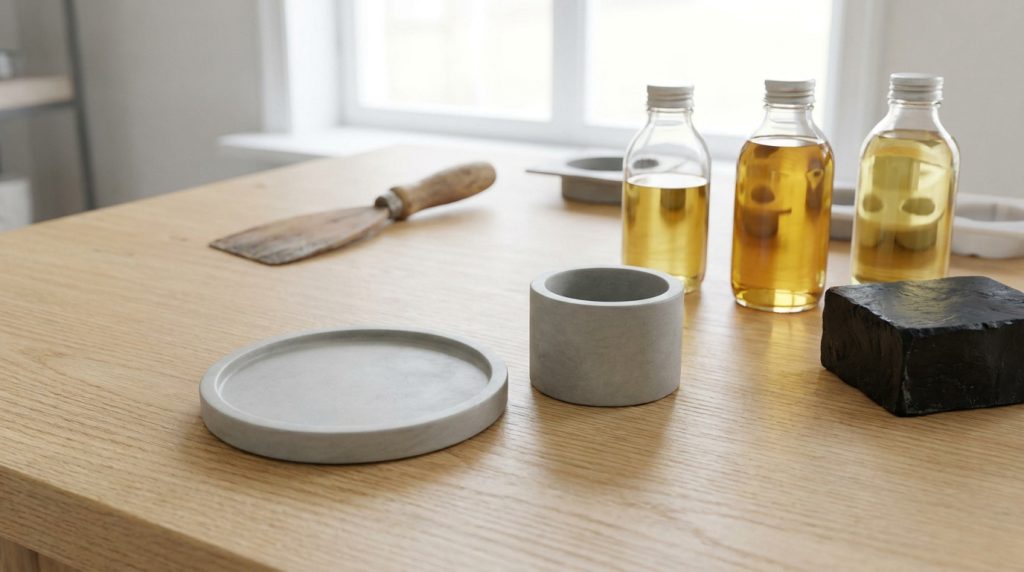 Sur une table en bois, des bouteilles d'huiles, des objets en béton gris, un bloc noir et une spatule. Éléments pour le décoffrage.