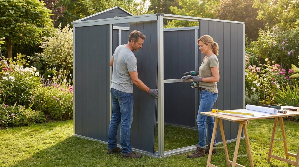 Un homme et une femme assemblent un abri de jardin gris dans un jardin fleuri. L'homme fixe un panneau, la femme tient une perceuse.