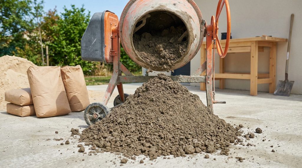 Bétonnière orange mélangeant du mortier, avec un tas de sable et des sacs de ciment sur un chantier extérieur.