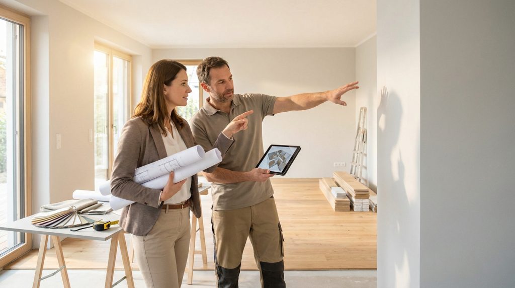 Une femme et un homme planifient une rénovation. Ils consultent des plans et une maquette 3D sur tablette dans une pièce vide.