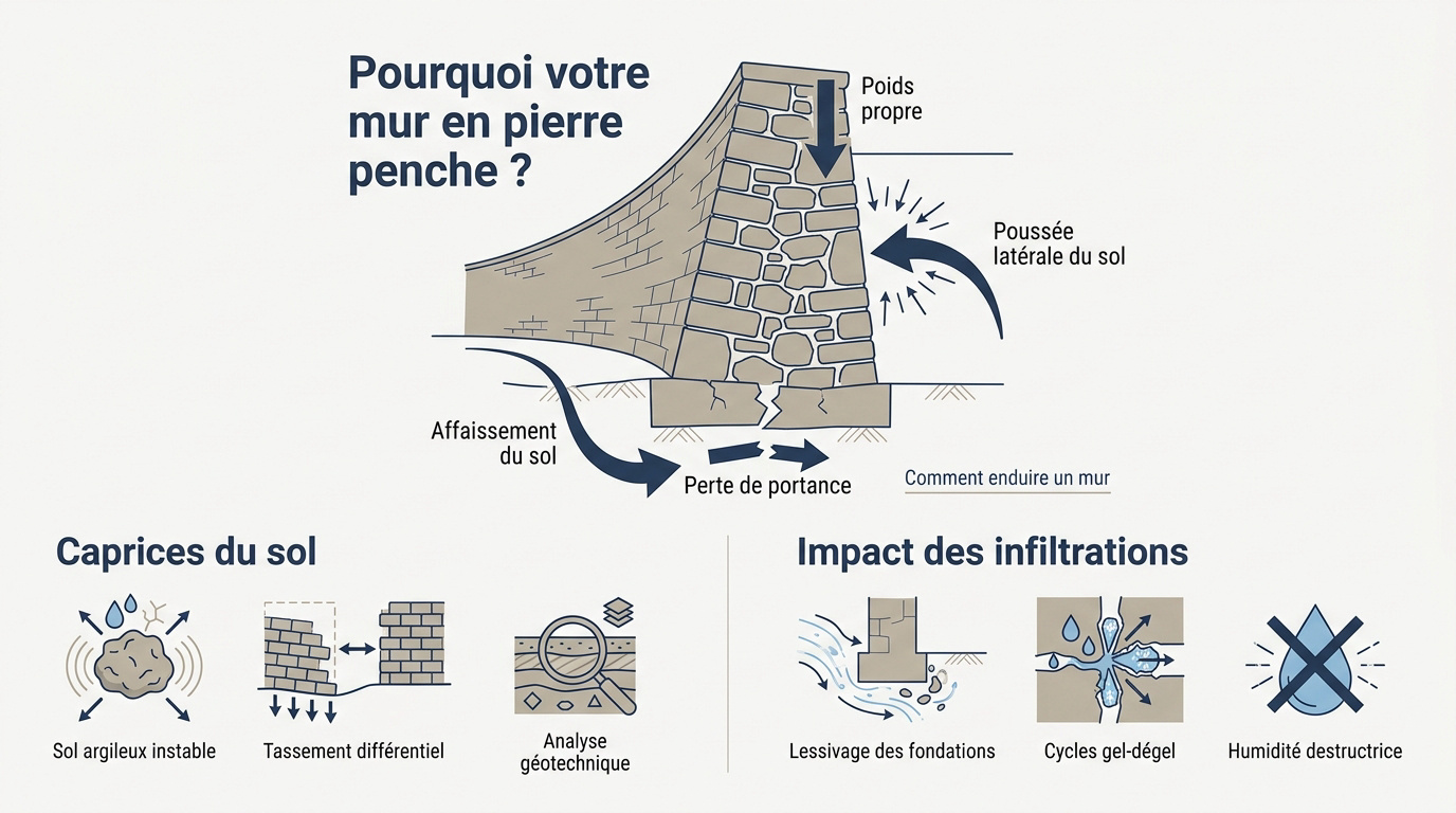 Schéma des causes d'instabilité d'un mur en pierre qui penche