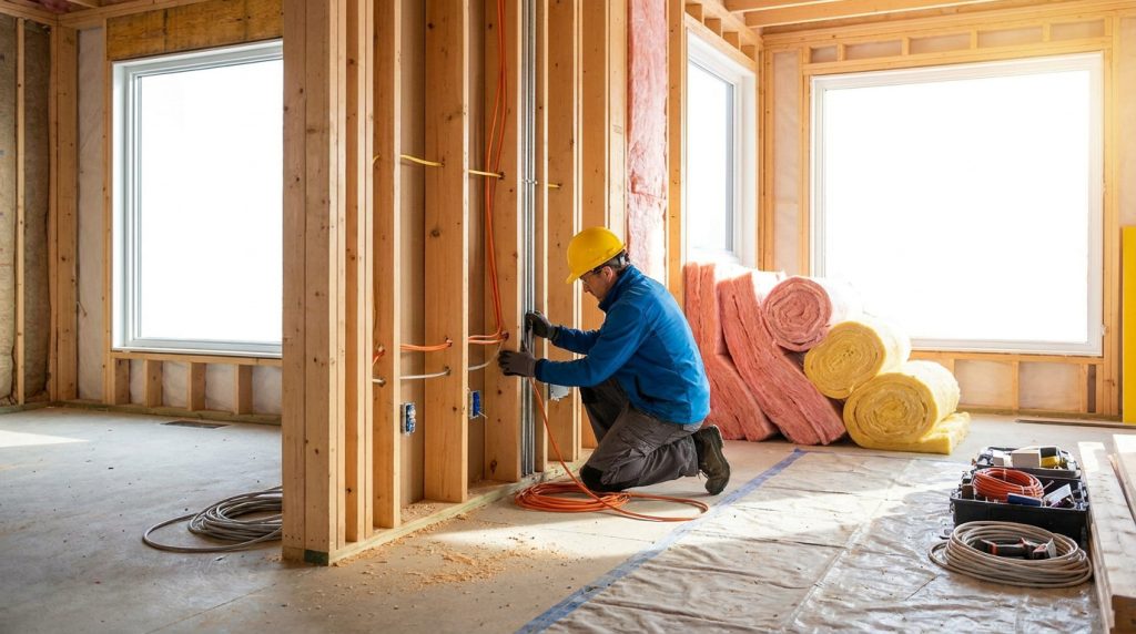 Un électricien installe du câblage électrique dans une structure en bois. Des rouleaux d'isolant sont au sol, près d'une fenêtre.