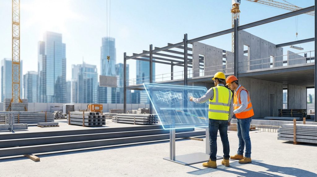 Deux ouvriers sur un chantier consultent un écran numérique transparent affichant des plans 3D et des données. Grue, bâtiment et ville moderne en fond.