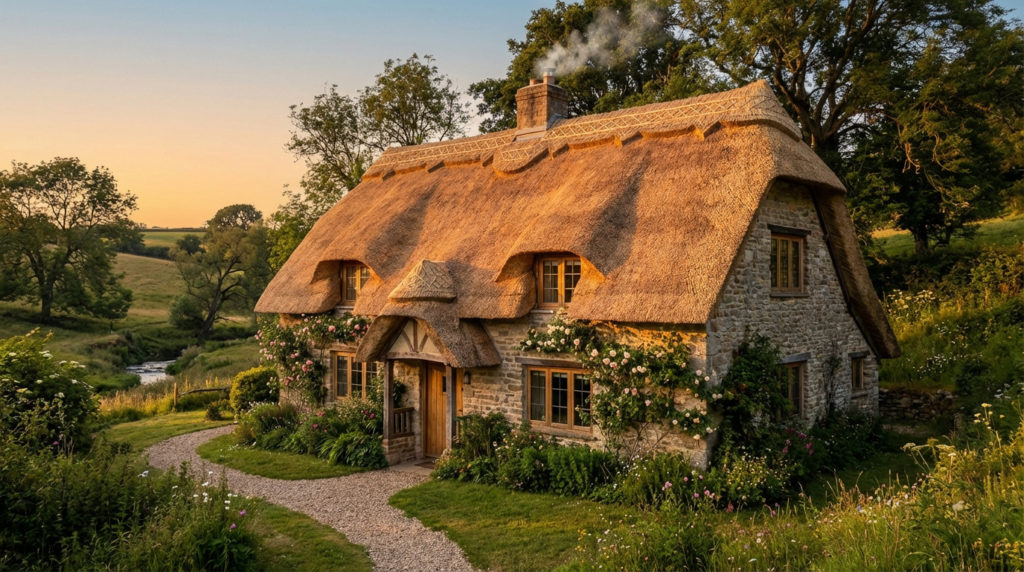 Chaumière en pierre avec toit de chaume doré, chemin de gravier, jardin fleuri, et fumée sortant de la cheminée. Paysage bucolique au coucher du soleil.