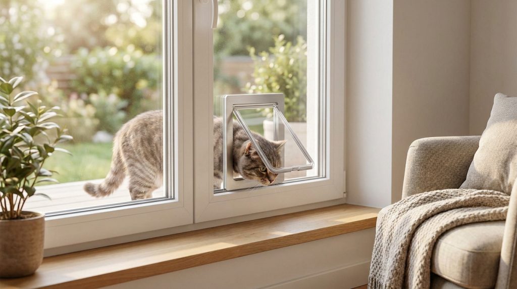 Un chat tigré passe par une chatière amovible dans une fenêtre blanche, avec un jardin ensoleillé à l'extérieur et un intérieur cosy.