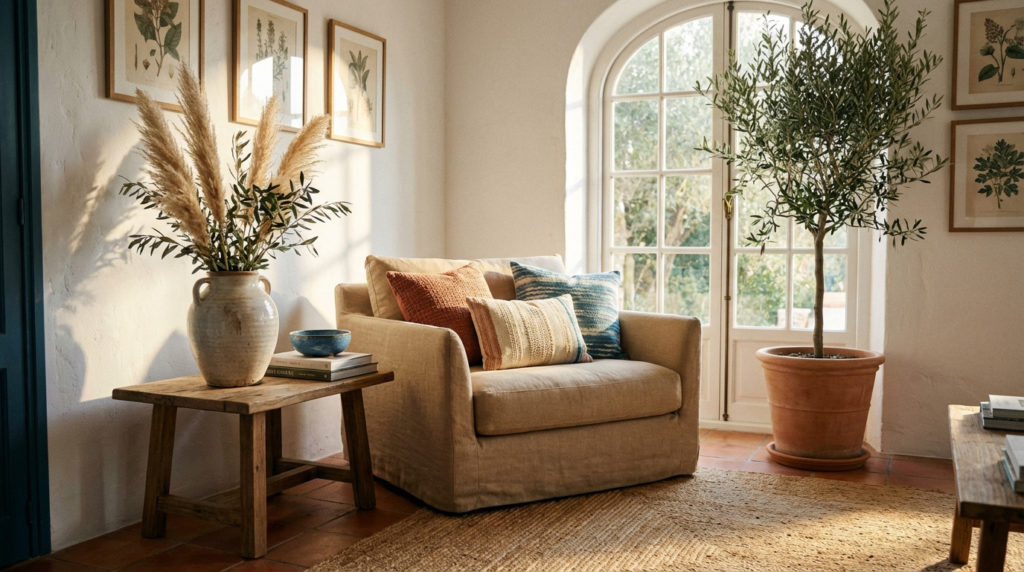 Salon lumineux avec fauteuil en lin, coussins texturés, table basse rustique et vase de pampas. Oliviers et fenêtre arquée.