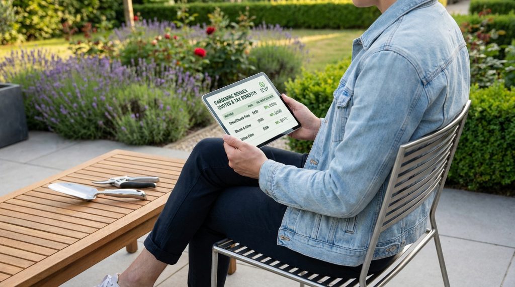 Personne dans un jardin comparant des devis de jardinage et crédits d'impôt sur une tablette. Outils de jardinage à côté.
