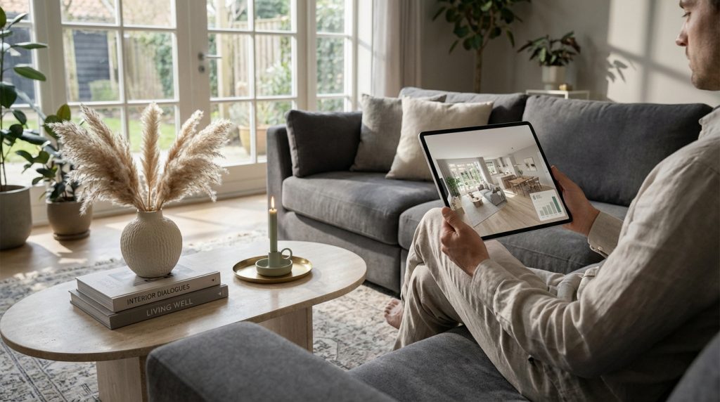 Homme sur canapé gris visualisant un plan de décoration 3D d'intérieur sur une tablette dans un salon moderne et lumineux.