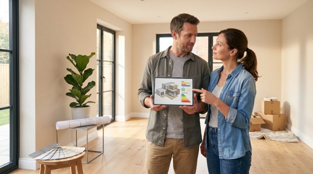 Un couple planifie la rénovation de sa maison dans une pièce vide, utilisant une tablette pour visualiser un plan 3D et l'efficacité énergétique.
