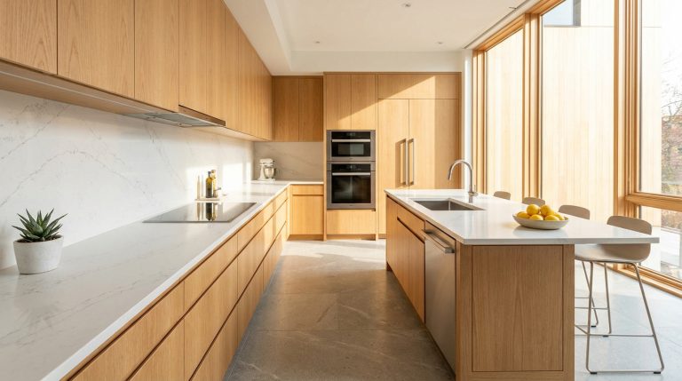Cuisine moderne lumineuse en L. Armoires bois clair, comptoirs quartz blanc, électroménager encastré. Îlot avec évier, citronniers, tabourets. Grande fenêtre.