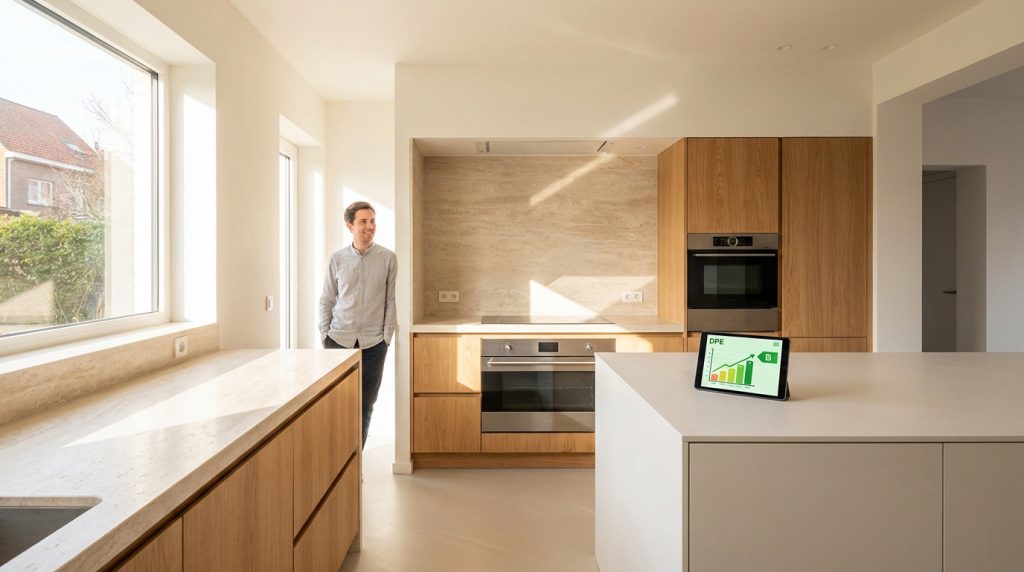 Un homme souriant dans une cuisine moderne aux tons bois et clair, avec un DPE sur tablette sur l'îlot central.