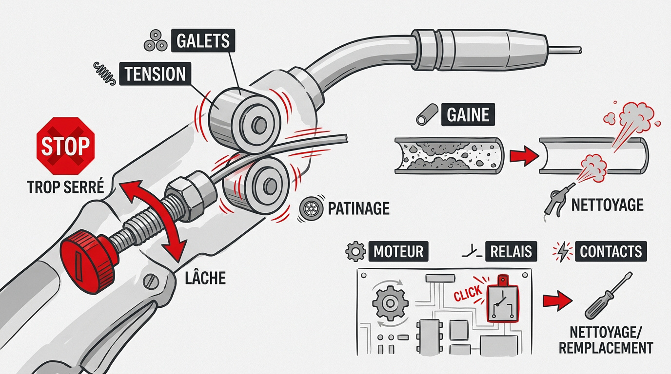 Dépannage d'une torche de soudage avec un fil fourré bloqué dans le guide