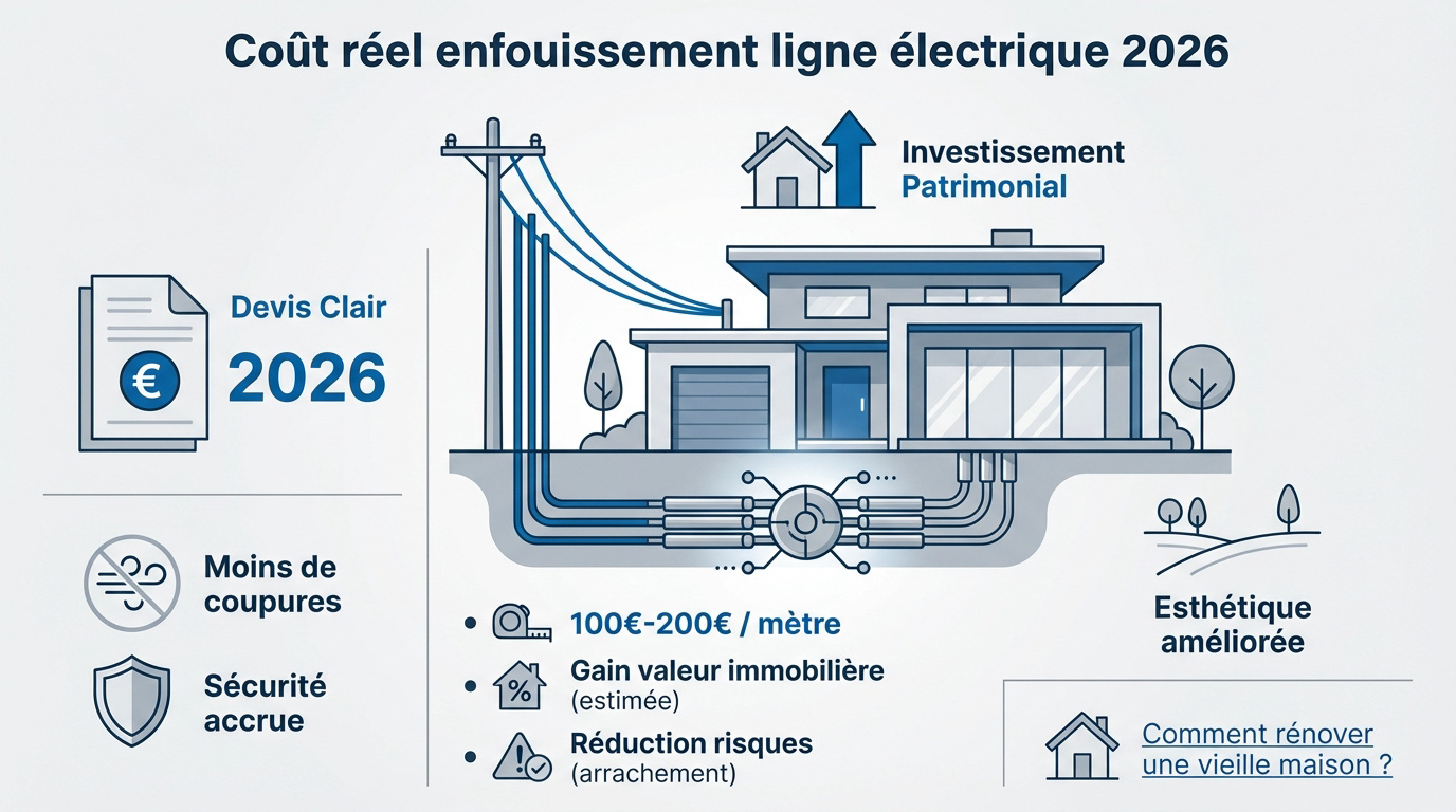 Travaux d'enfouissement de lignes électriques sur un terrain privé avec tranchée et fourreaux