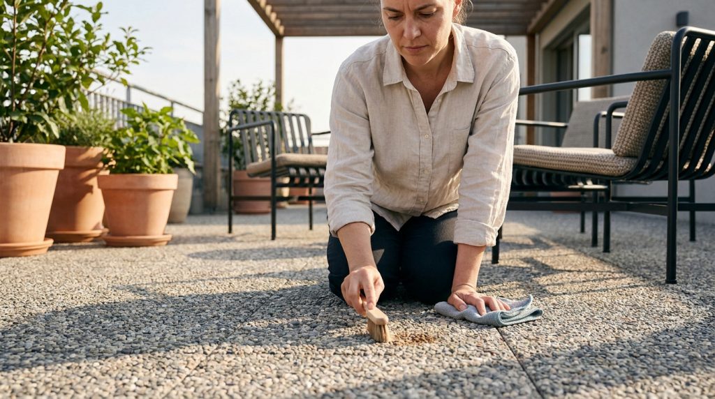 Femme agenouillée nettoyant une tache sur une terrasse en moquette de pierre avec brosse et chiffon. Pots de fleurs visibles.