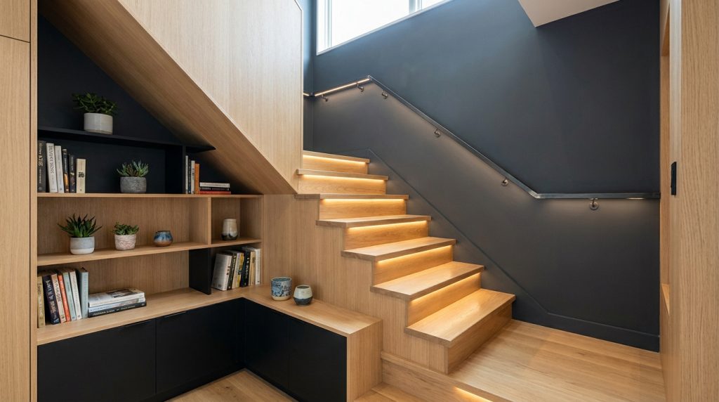 Escalier moderne en bois clair avec éclairage LED. Aménagement sous pente : étagères, livres, plantes, placards. Mur gris foncé.