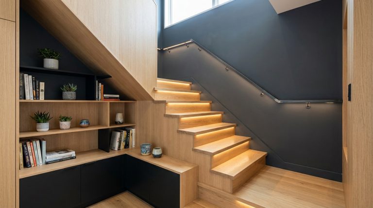 Escalier moderne en bois clair avec éclairage LED. Aménagement sous pente : étagères, livres, plantes, placards. Mur gris foncé.