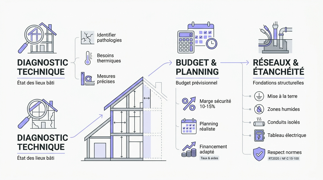 Schéma des étapes clés pour réussir la rénovation technique d'une maison