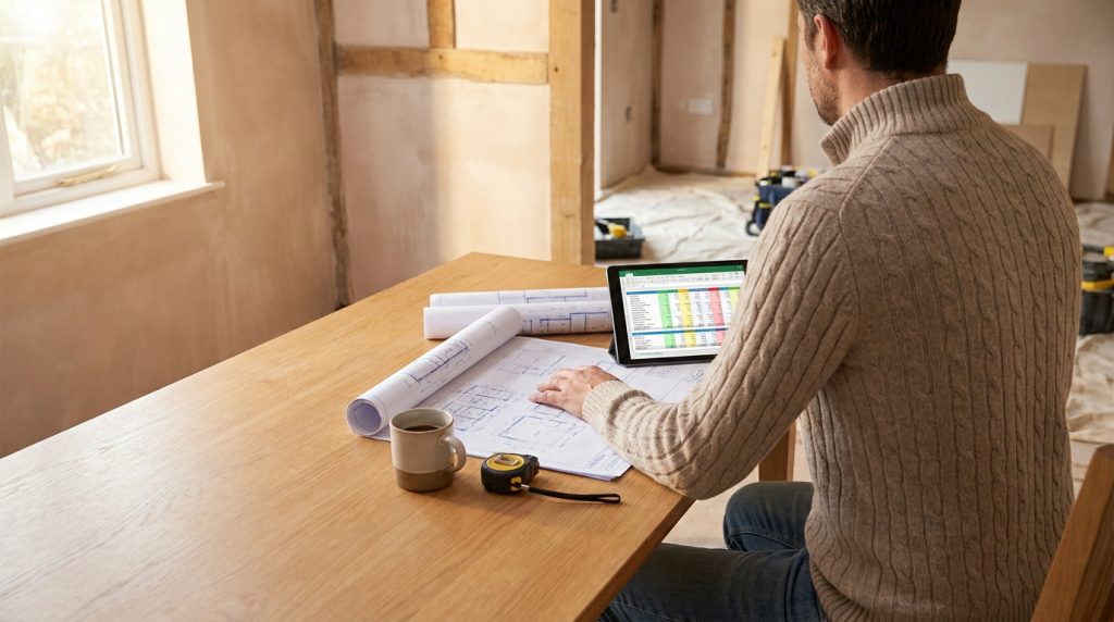 Un homme en pull planifie une rénovation avec des plans et une tablette, sur une table. Pièce en travaux et outils en arrière-plan.