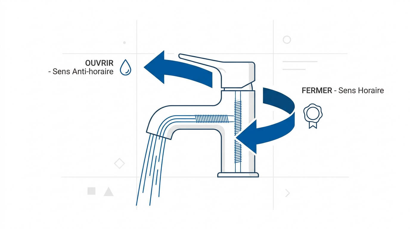 Schéma explicatif du sens d'ouverture et de fermeture d'un robinet d'eau