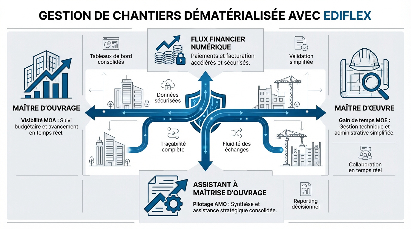 Interface du logiciel Ediflex pour la gestion dématérialisée des chantiers et situations de travaux