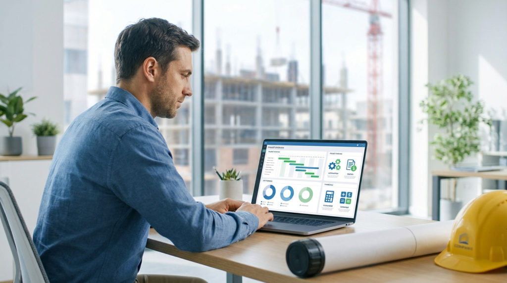 Homme travaillant sur un logiciel de gestion de projet sur laptop, avec un chantier de construction en arrière-plan et un casque de sécurité.