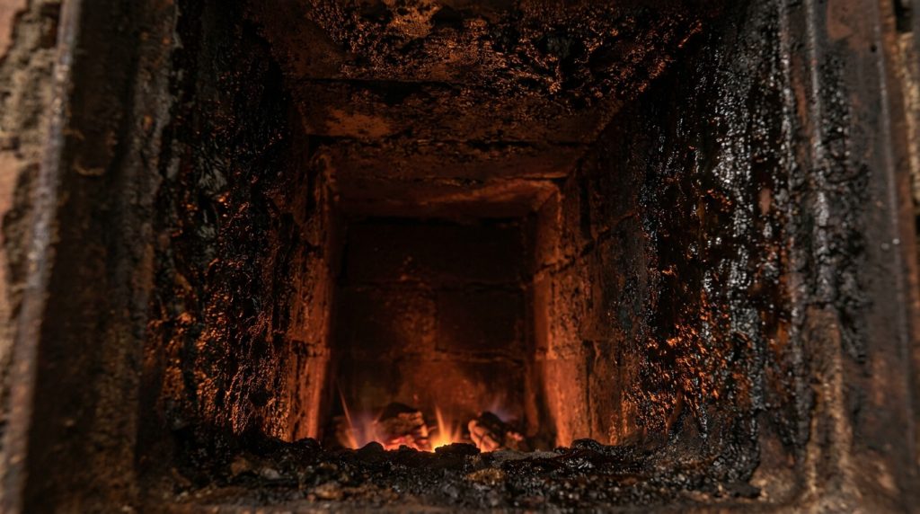 Intérieur d'un conduit de cheminée très encrassé de bistre, avec des braises et petites flammes au fond.