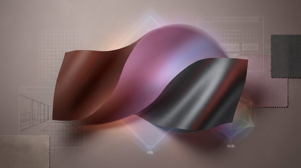 Image abstraite de formes ondulées rouge-brun, violet et gris avec textures brillantes et mates. En fond, grilles, dessins architecturaux et codes HSL/RVB.