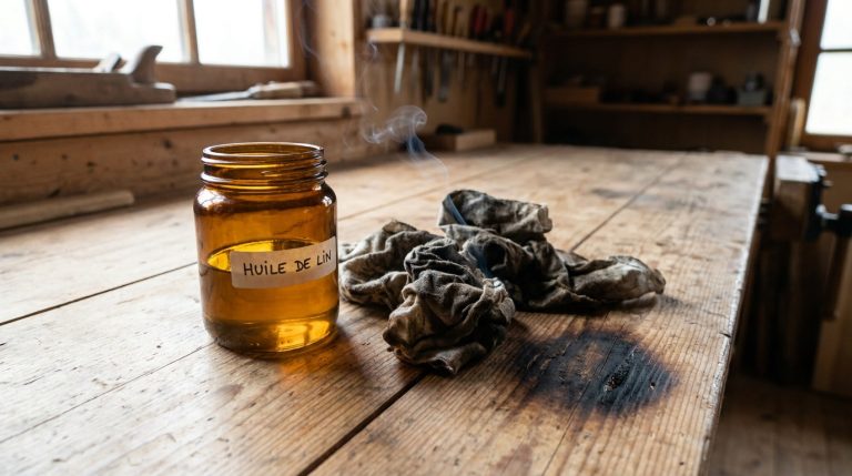 Un bocal d'huile de lin sur un établi en bois avec des chiffons froissés d'où s'échappe de la fumée, indiquant un risque d'incendie.