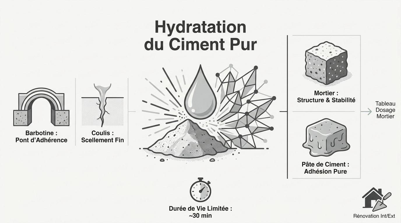 Schéma de l'hydratation chimique du ciment pur sans sable