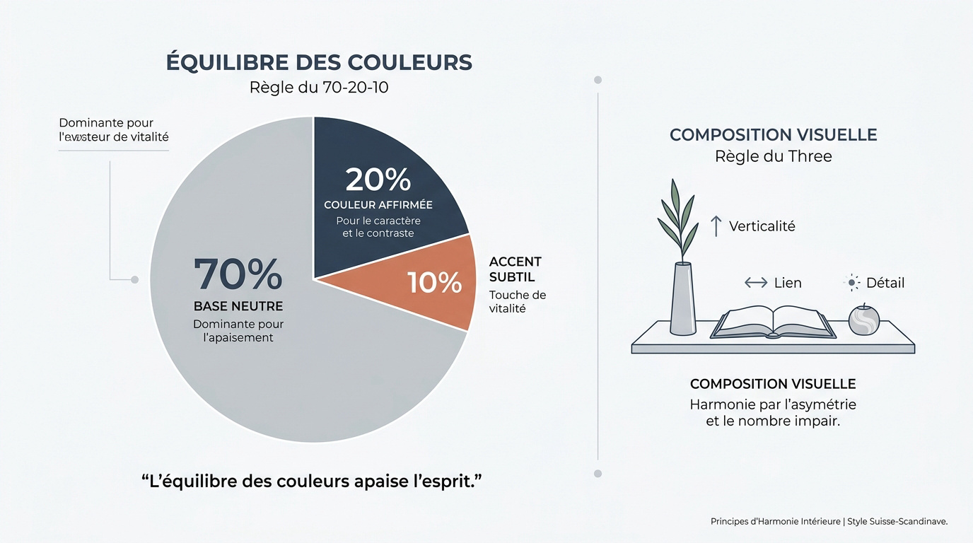 Infographie expliquant la règle 70-20-10 et la composition visuelle en décoration