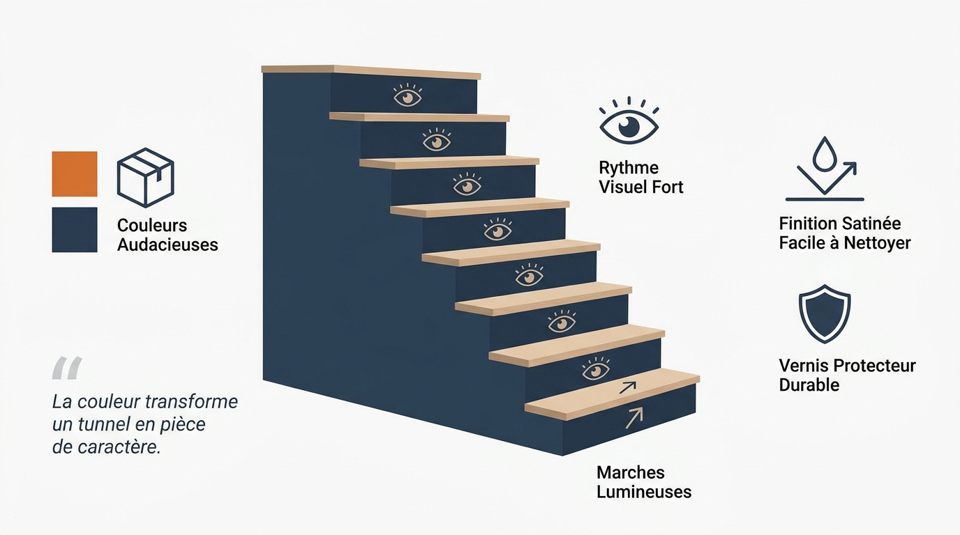 Contraste entre marches en bois clair et contremarches sombres