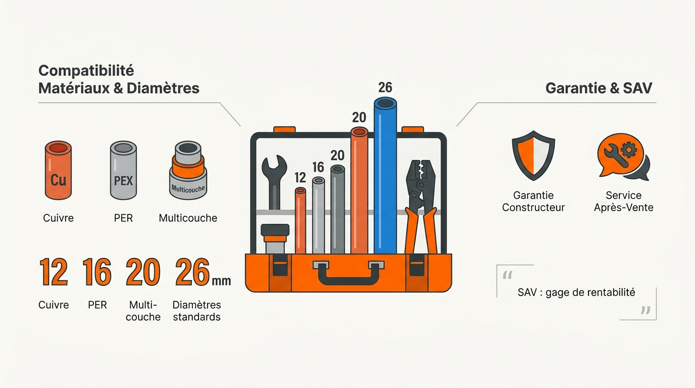 Infographie sur le choix du kit plombier selon les matériaux, diamètres et garanties SAV
