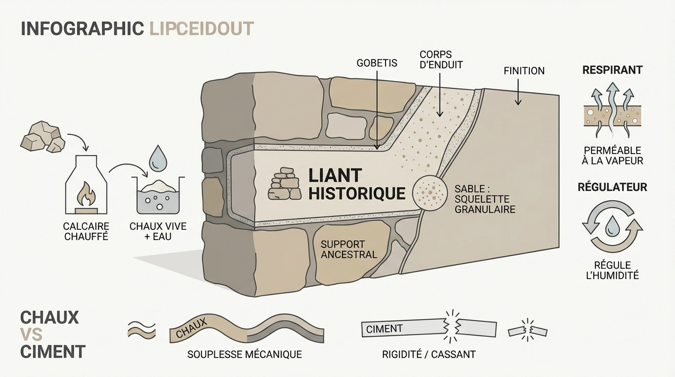 Infographie sur les dosages et types de mortiers à la chaux pour murs en pierre