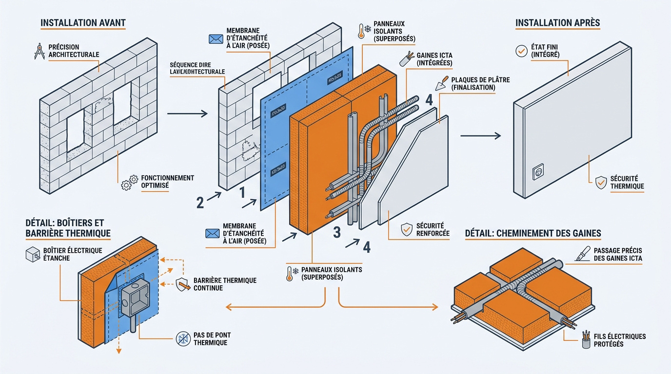 Schéma technique d'un mur avec isolation et gaines électriques intégrées respectant l'étanchéité