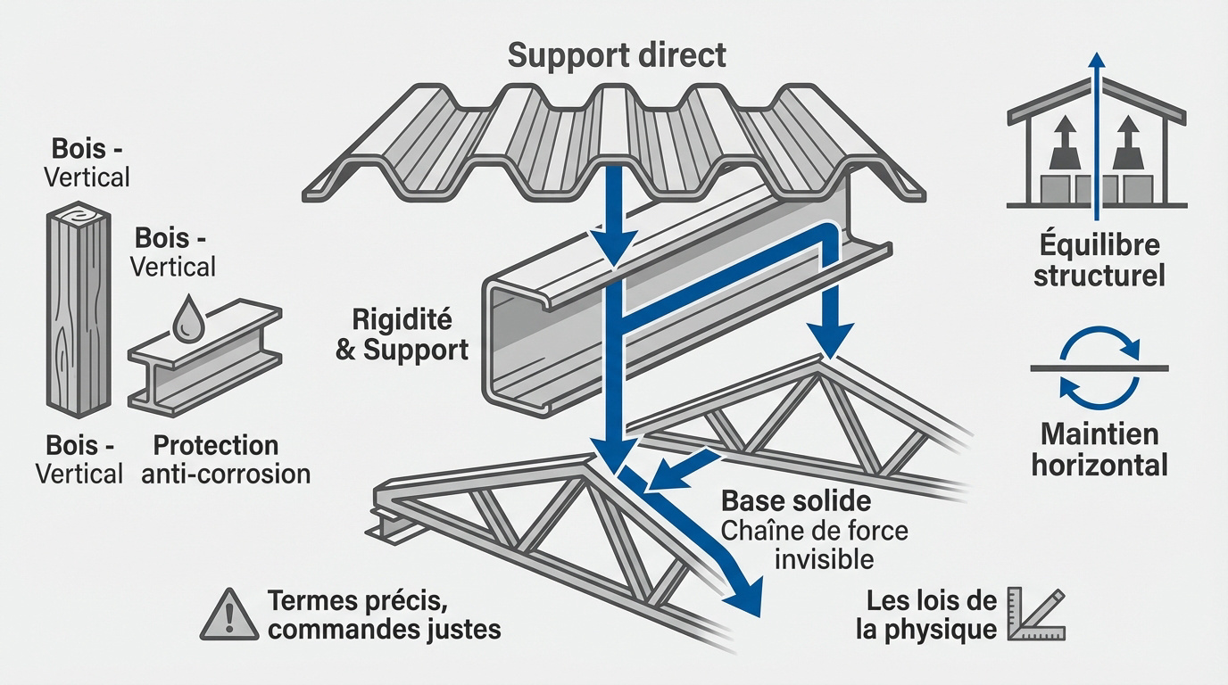 Schéma technique de la structure d'une toiture en bac acier avec pannes et fixations