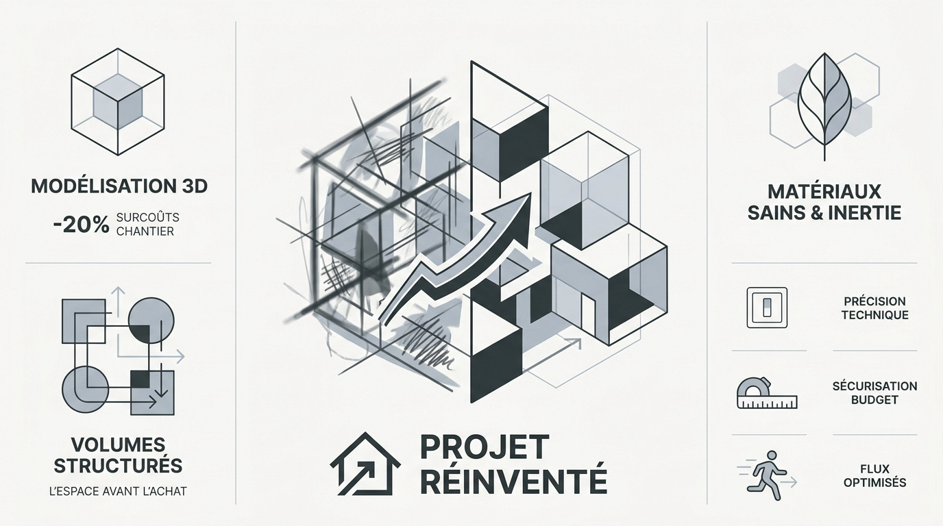 Infographie montrant la transformation d'un projet d'intérieur grâce à la modélisation 3D et l'optimisation des volumes