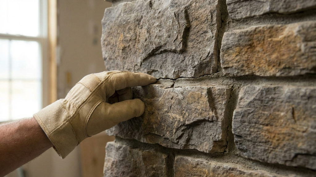 Les inconvénients de la feuille de pierre que personne ne vous dit Main gantée de beige pointant une fissure étroite dans un mur de pierre aux blocs irréguliers. Lumière d'une fenêtre à l'arrière.