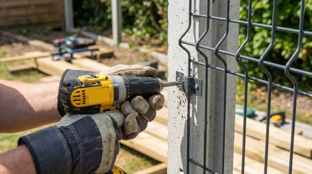 Gros plan sur une personne fixant un panneau de grillage rigide gris à un poteau en béton avec une perceuse-visseuse. Mains gantées.