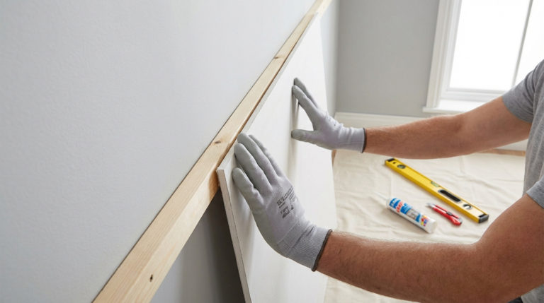 Mains gantées posant une plaque de plâtre sur un tasseau en bois fixé au mur, pour un coffrage sans rail. Niveau et colle au sol.